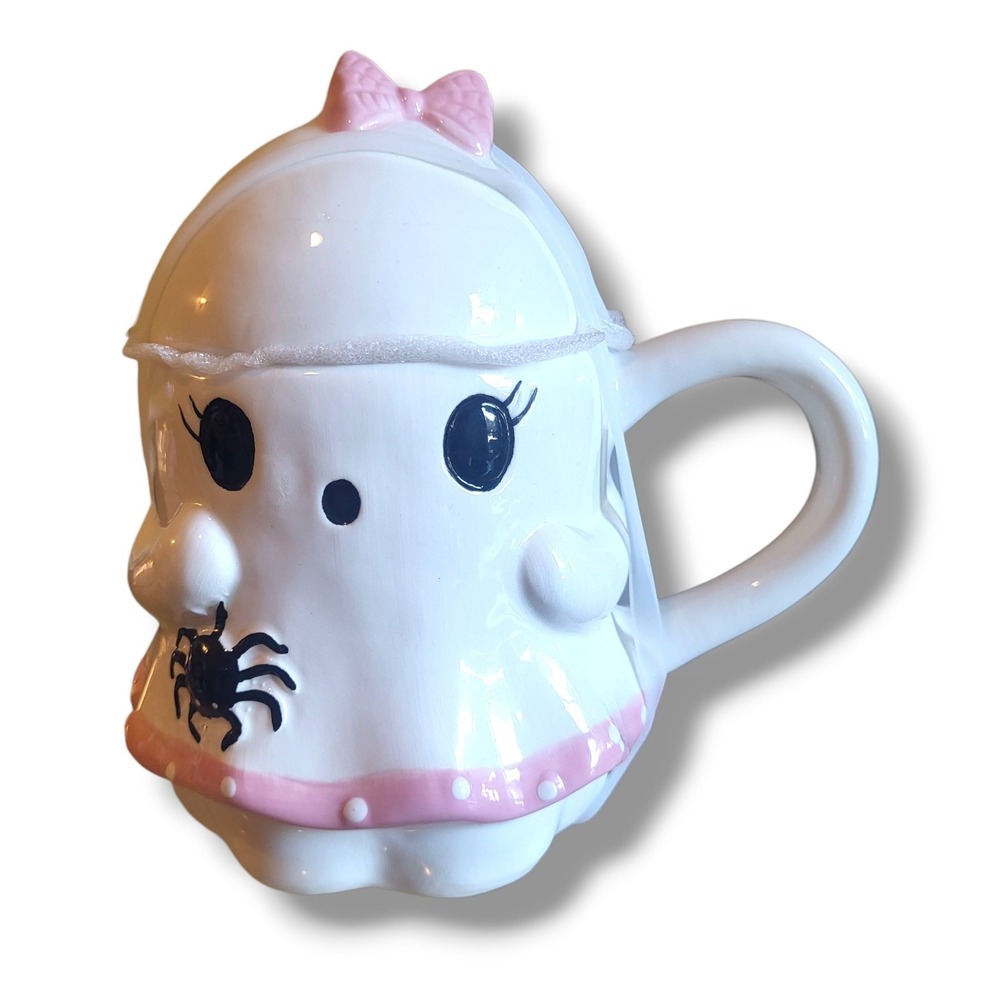 Jack O Lantern Lane Girl Ghost Wearing Pink Bow & Spider Halloween Mug With Lid